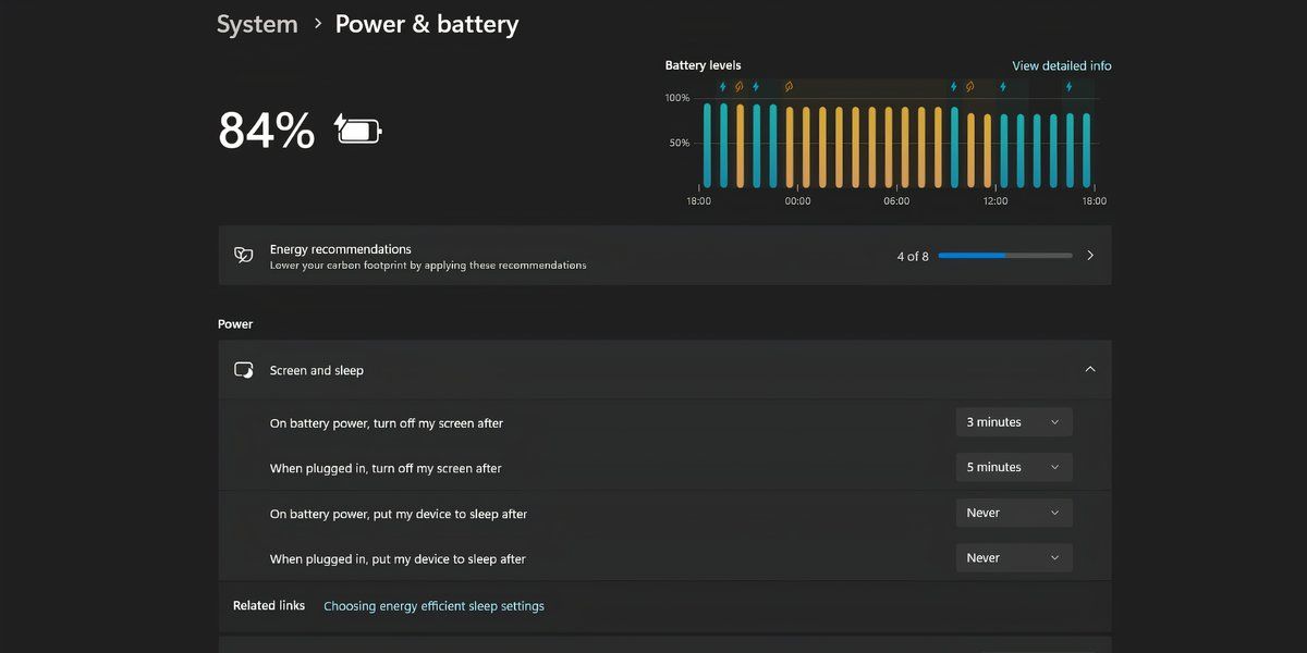 Windows 11 settings page showing the screen and sleep settings