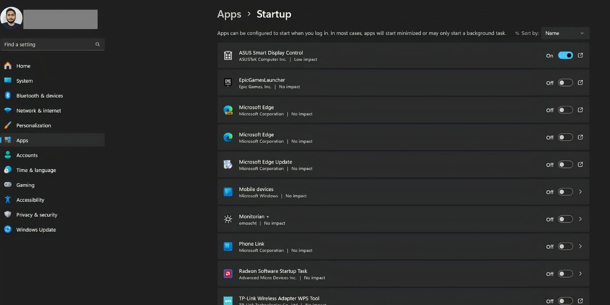 Windows 11 settings page showing the startup apps option