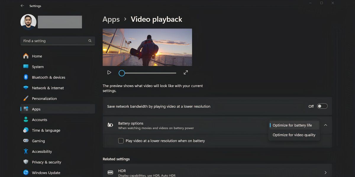 Windows 11 settings page showing the video playback options