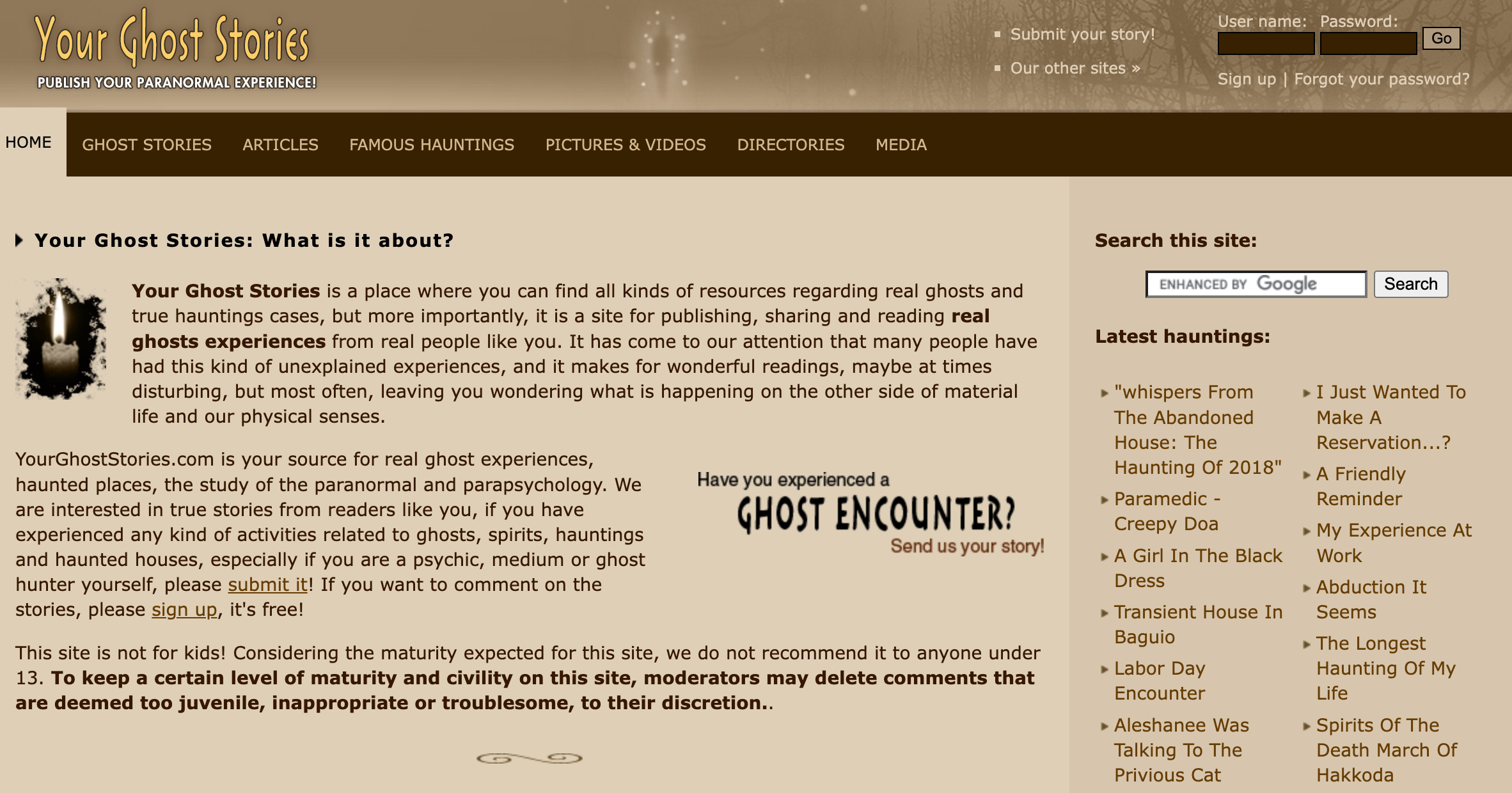 The homepage of Your Ghost Stories