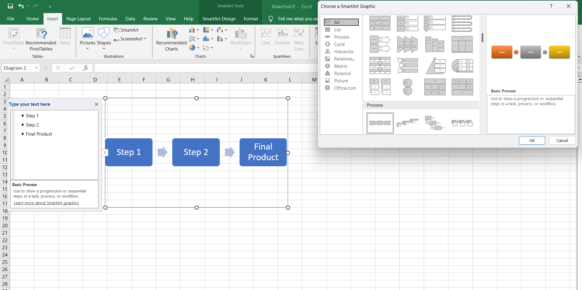 Demonstration of using SmartArt graphics for planning a formula.