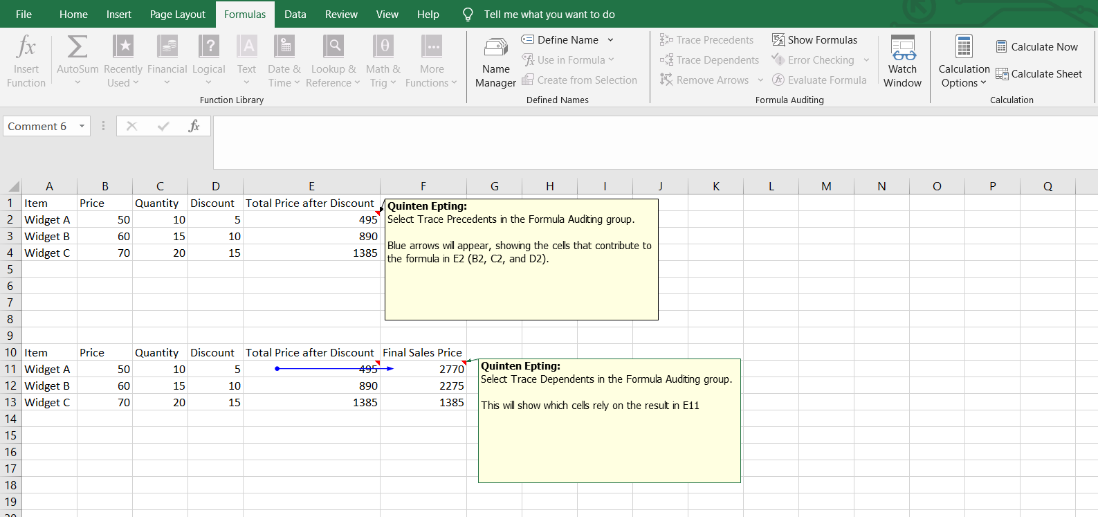 Demonstration of using the Trace Dependents and Trace Precedents.