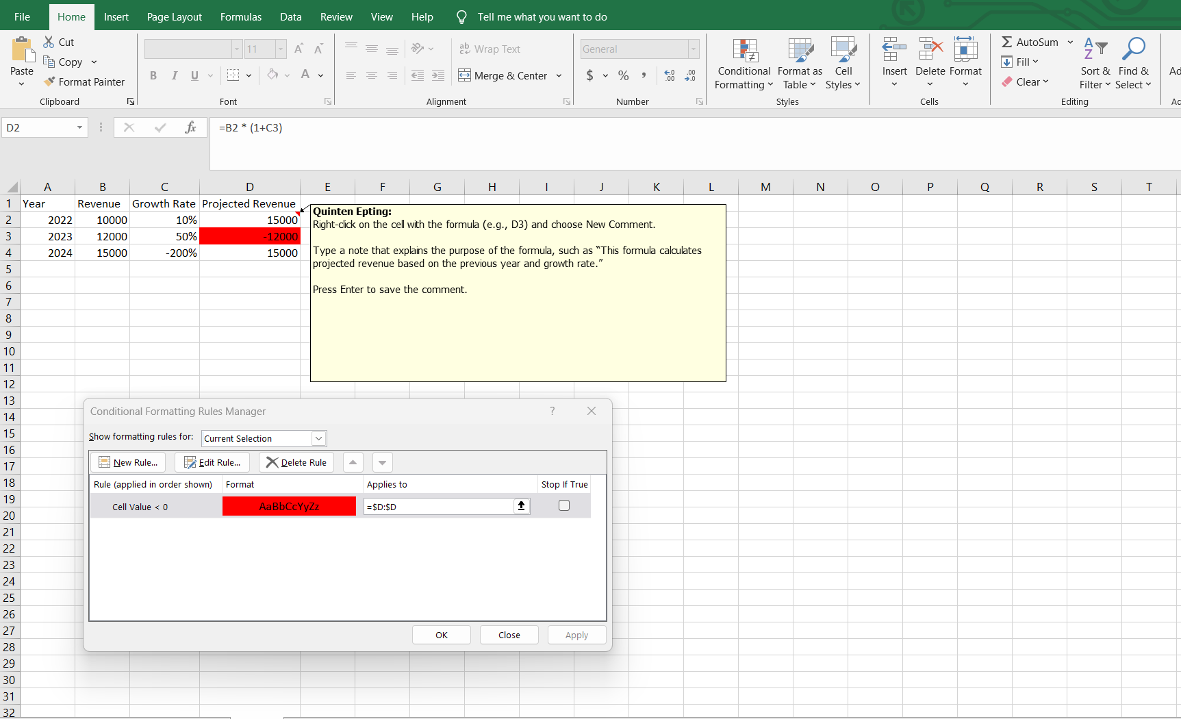 Walkthrough of conditional formatting and the use of comments.