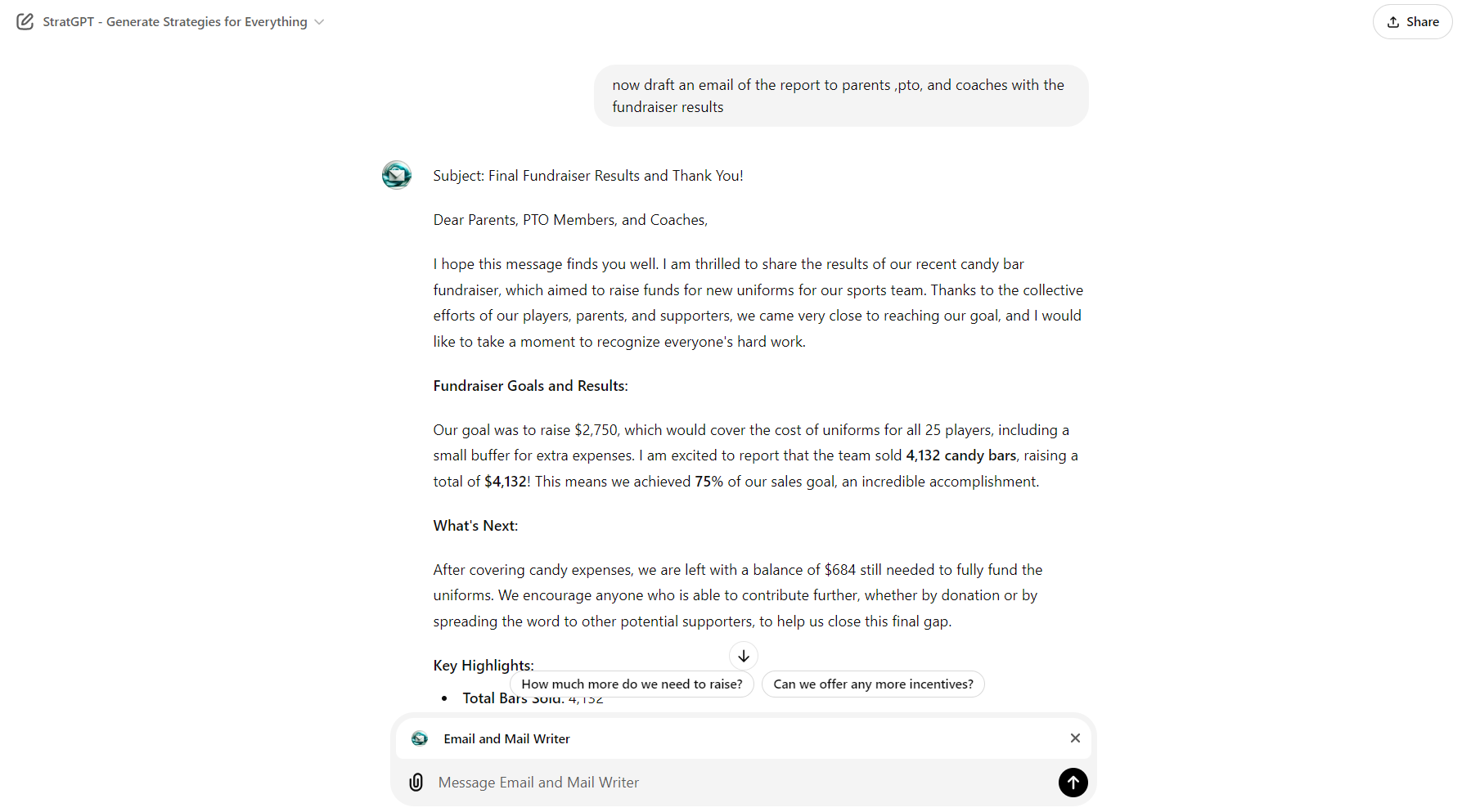 The demonstration of the email generated by the GPT.