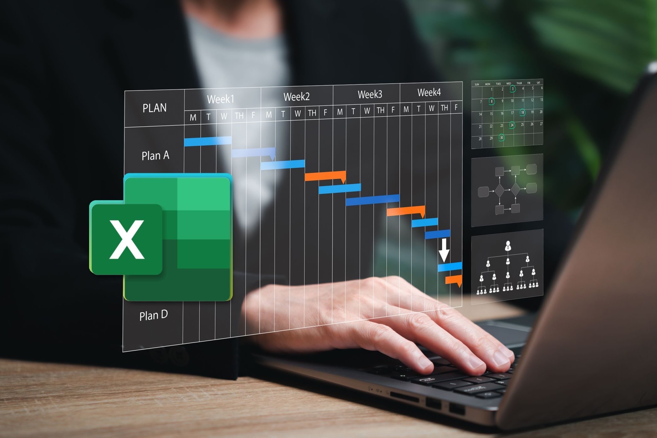 A laptop projecting a Gantt chart with the Excel logo