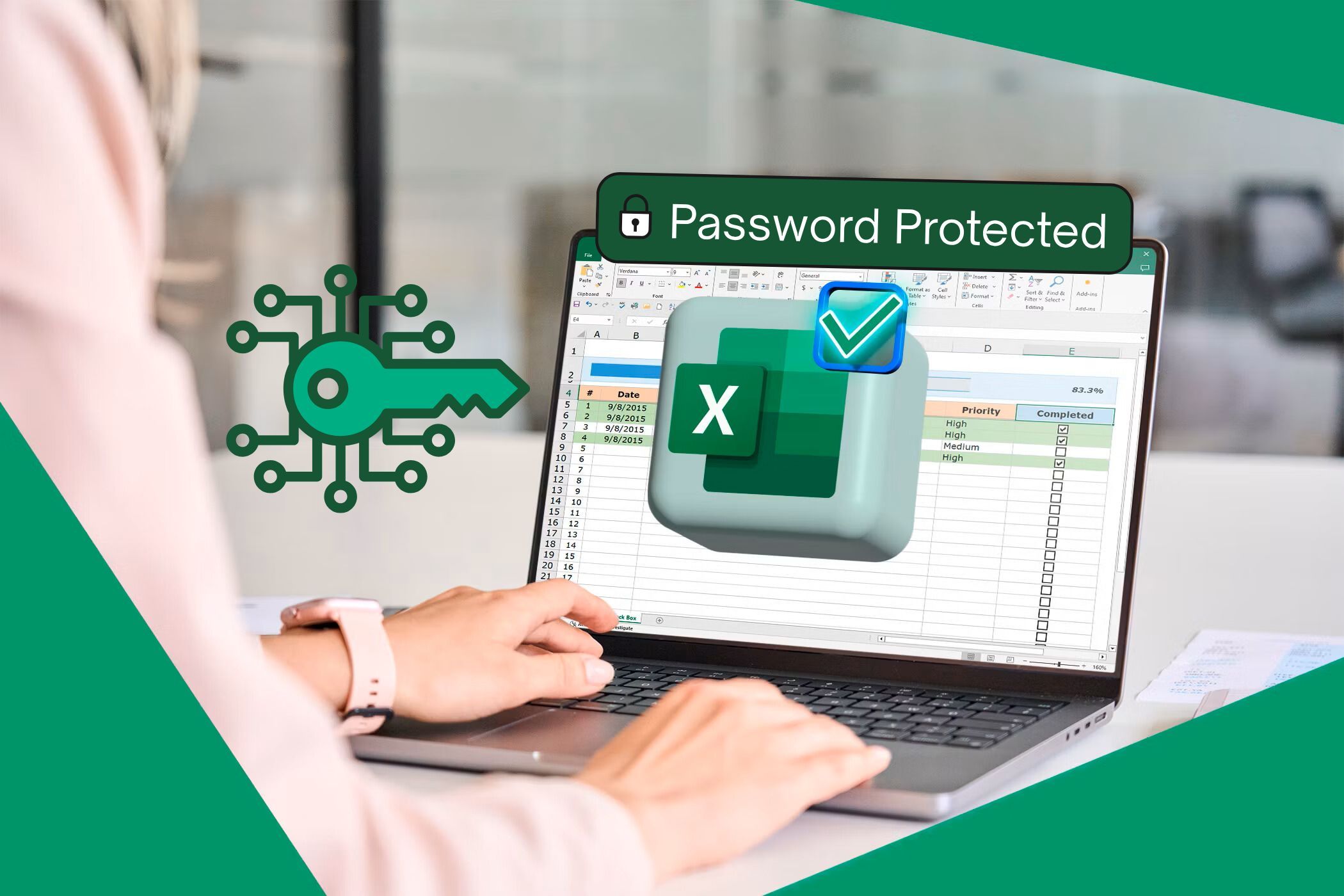 A laptop with an Excel spreadsheet open and the Excel logo password protected text