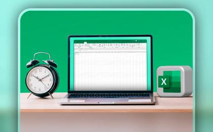 A laptop with Excel open, a clock on the left, and the Excel logo on the right.