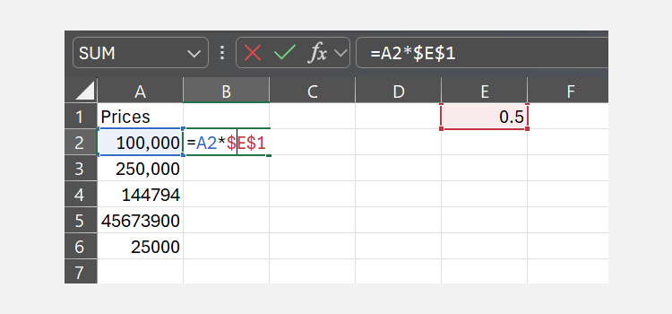 A screenshot showing a multiplication formula in cell B2 referencing cell E1 as well