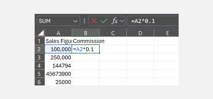 A screenshot showing a multiplication formula in cell B2