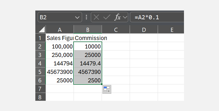 A screenshot showing the extension of a formula from B2 ro B6 in Excel