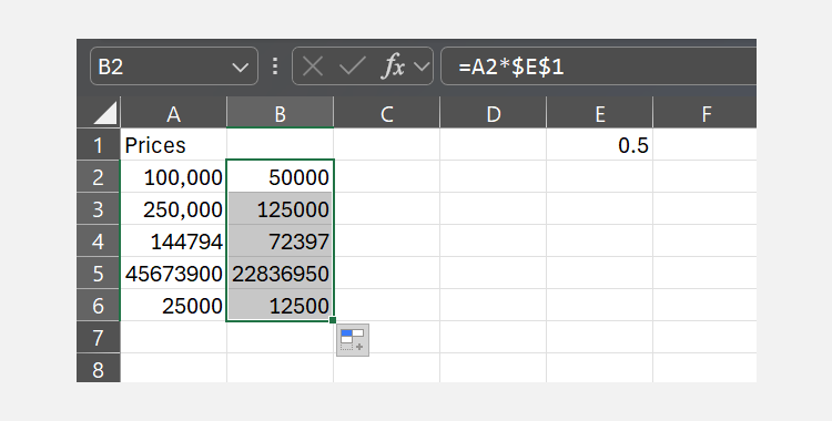 A screenshot showing the extension of a formula from B2 to B6 in Excel