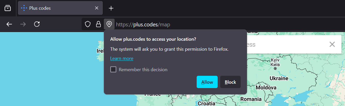 یک اسکرین شات که مجوز مکان را برای Plus Codes در فایرفاکس نشان می دهد