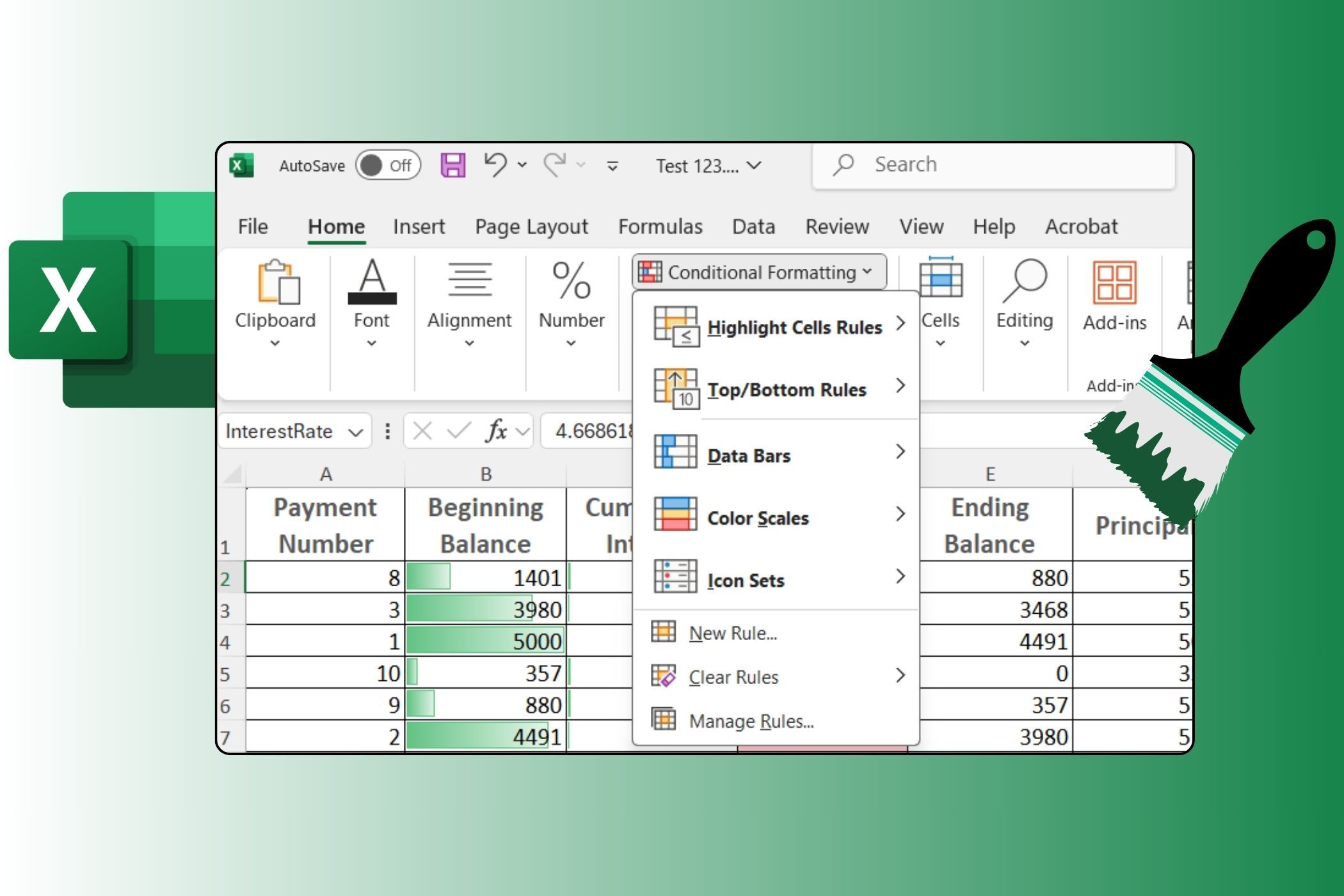 A spreadsheet showing Conditional Formatting option with Excel logo and paint brush icons