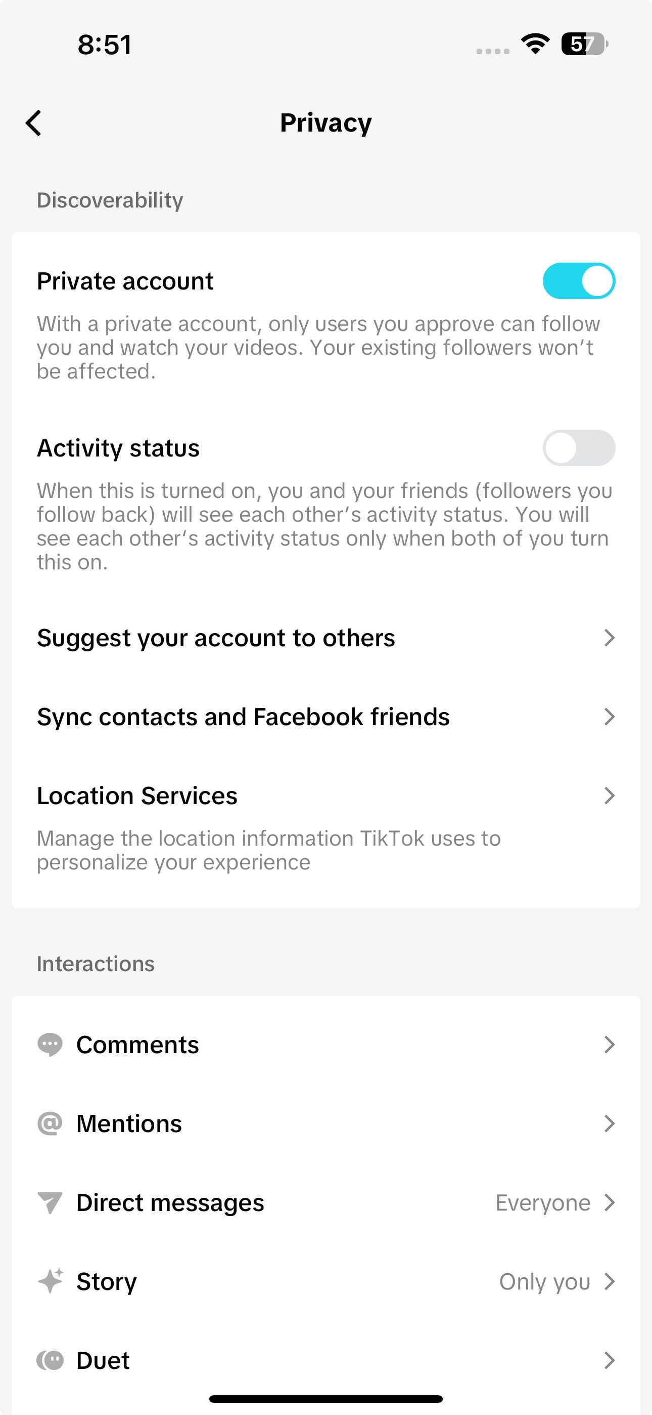 Activity status setting on TikTok