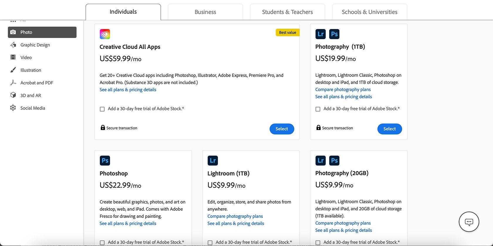 قیمت گذاری Adobe Photo Plan