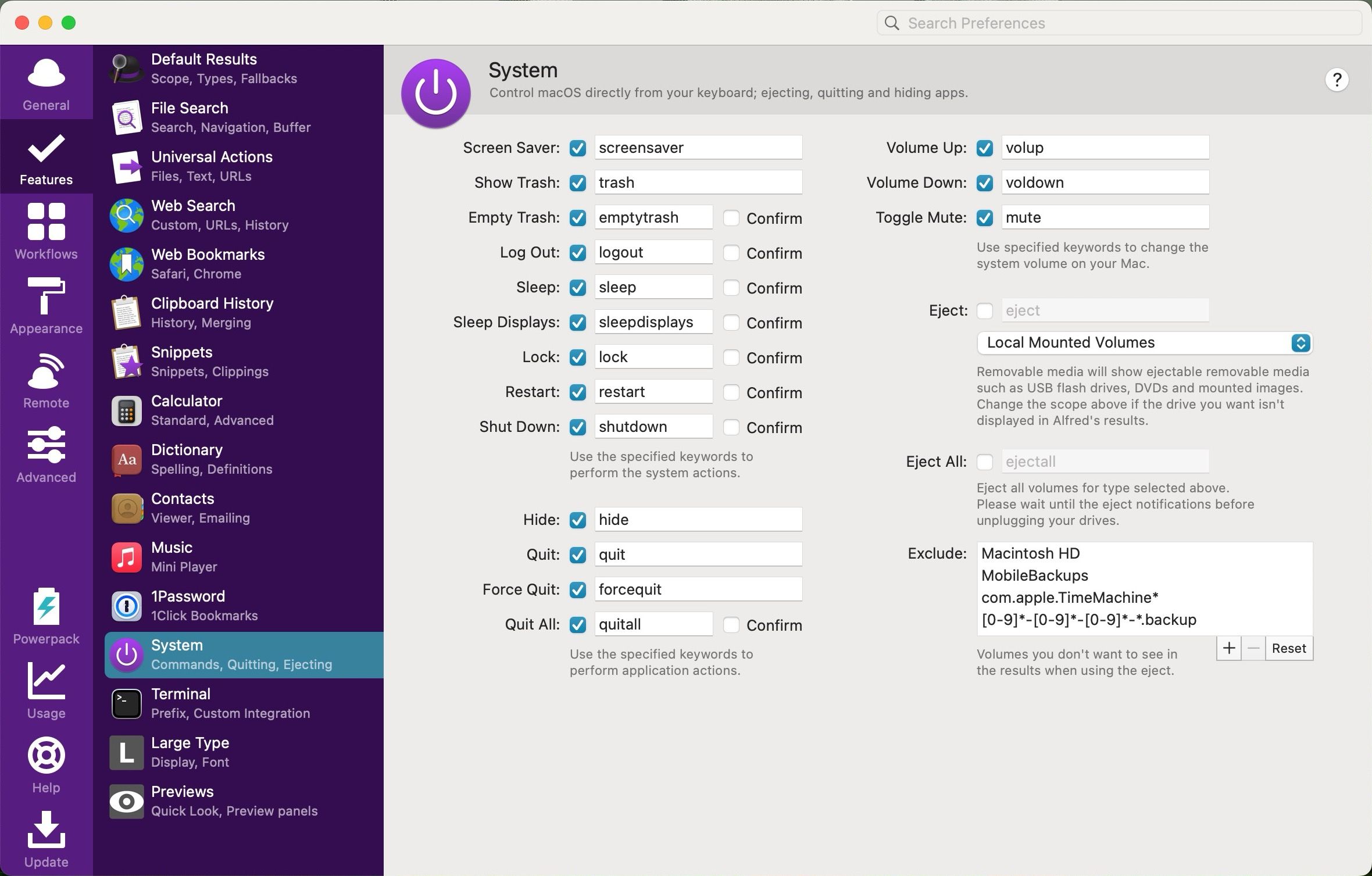 Controlling Mac system settings using Alfred