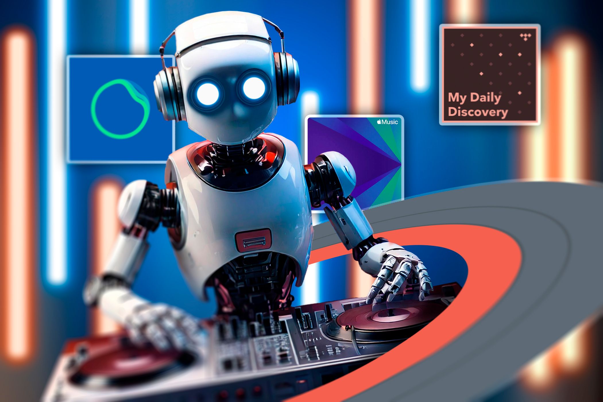 An AI robot DJ at a mixing table with some logos of AI DJ services in the background.