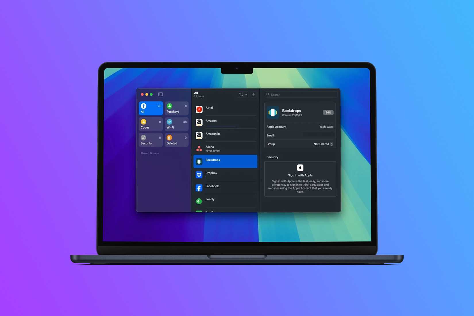 Apple Passwords app running on a MacBook Air