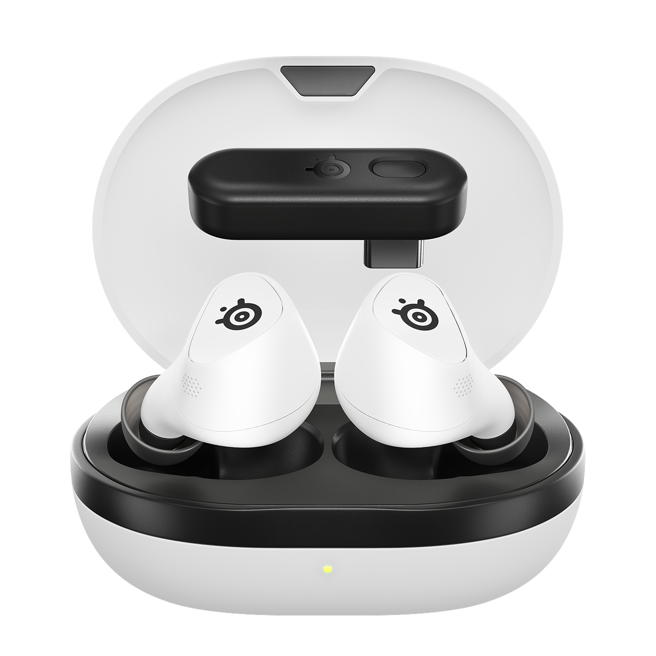 Arctis GameBuds, in white, in case, head-on