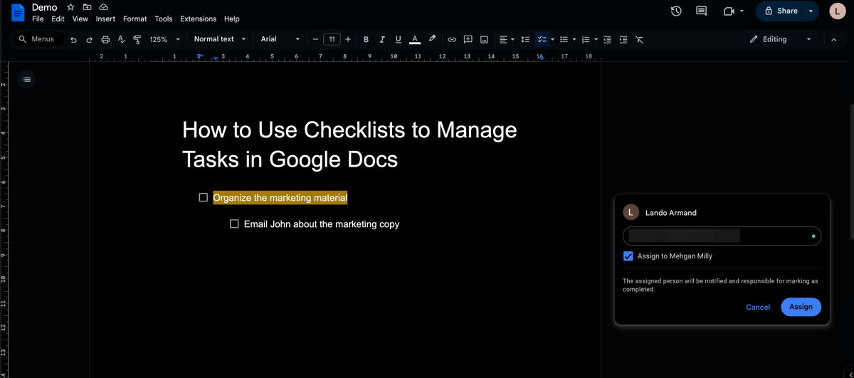 Using comments to assign a task in Google Docs