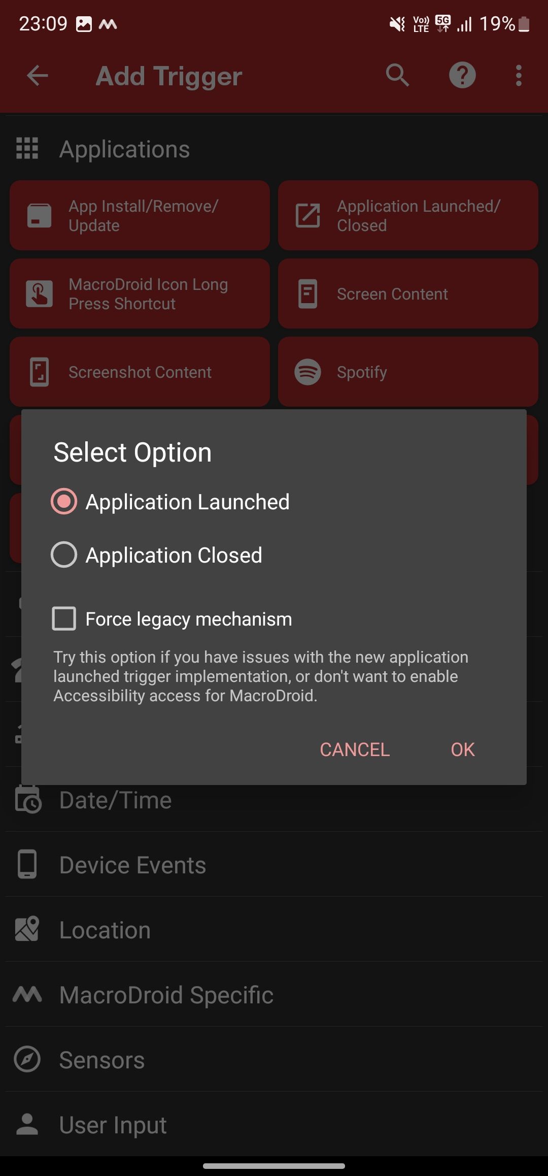 Choosing the Application Launched option for the Application Launched/Closed action.