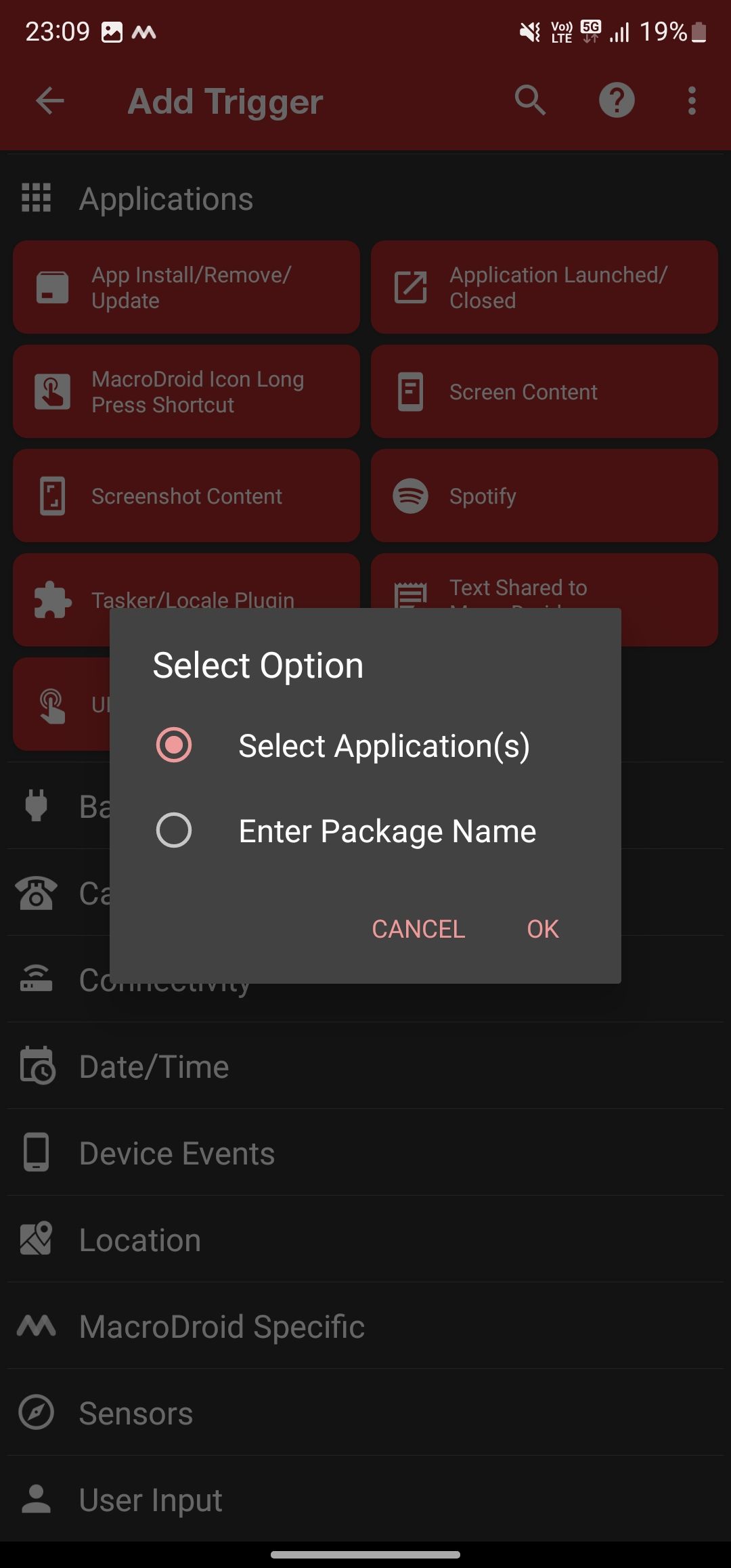 Choosing the Select Application(s) option to pick apps.