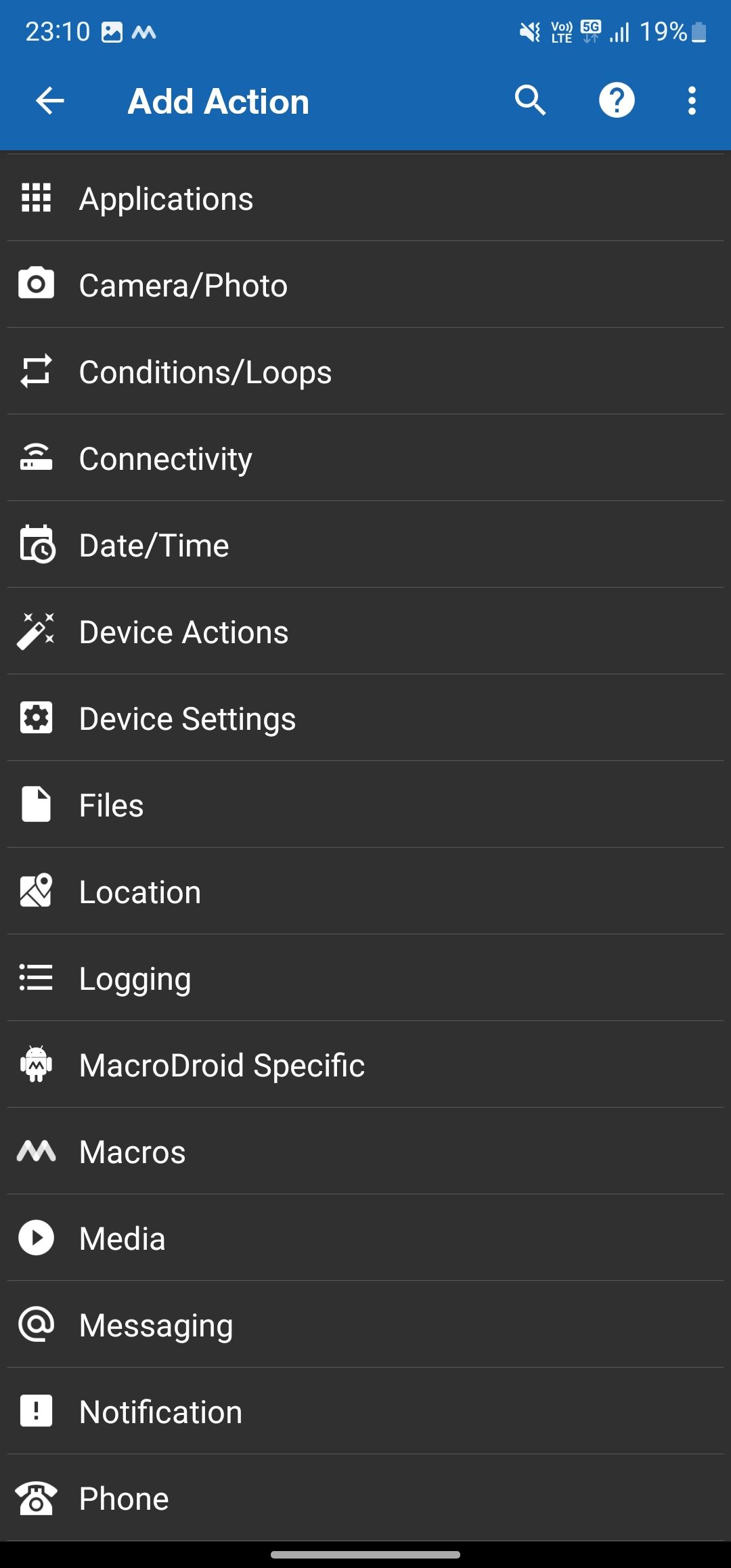 List of actions available in MacroDroid app.