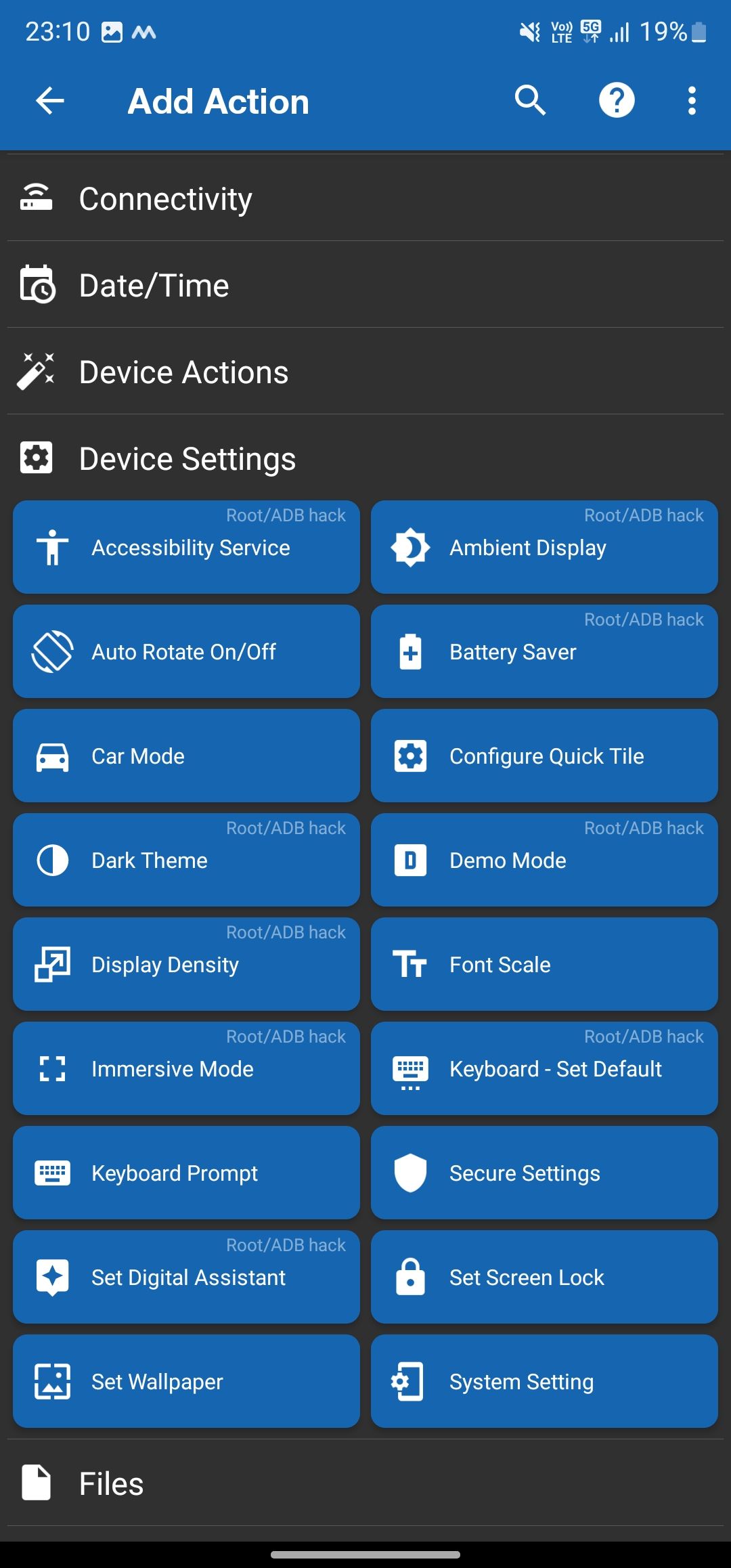 Selecting the Auto Rotate On/Off option for the Device Settings action in MacroDroid.