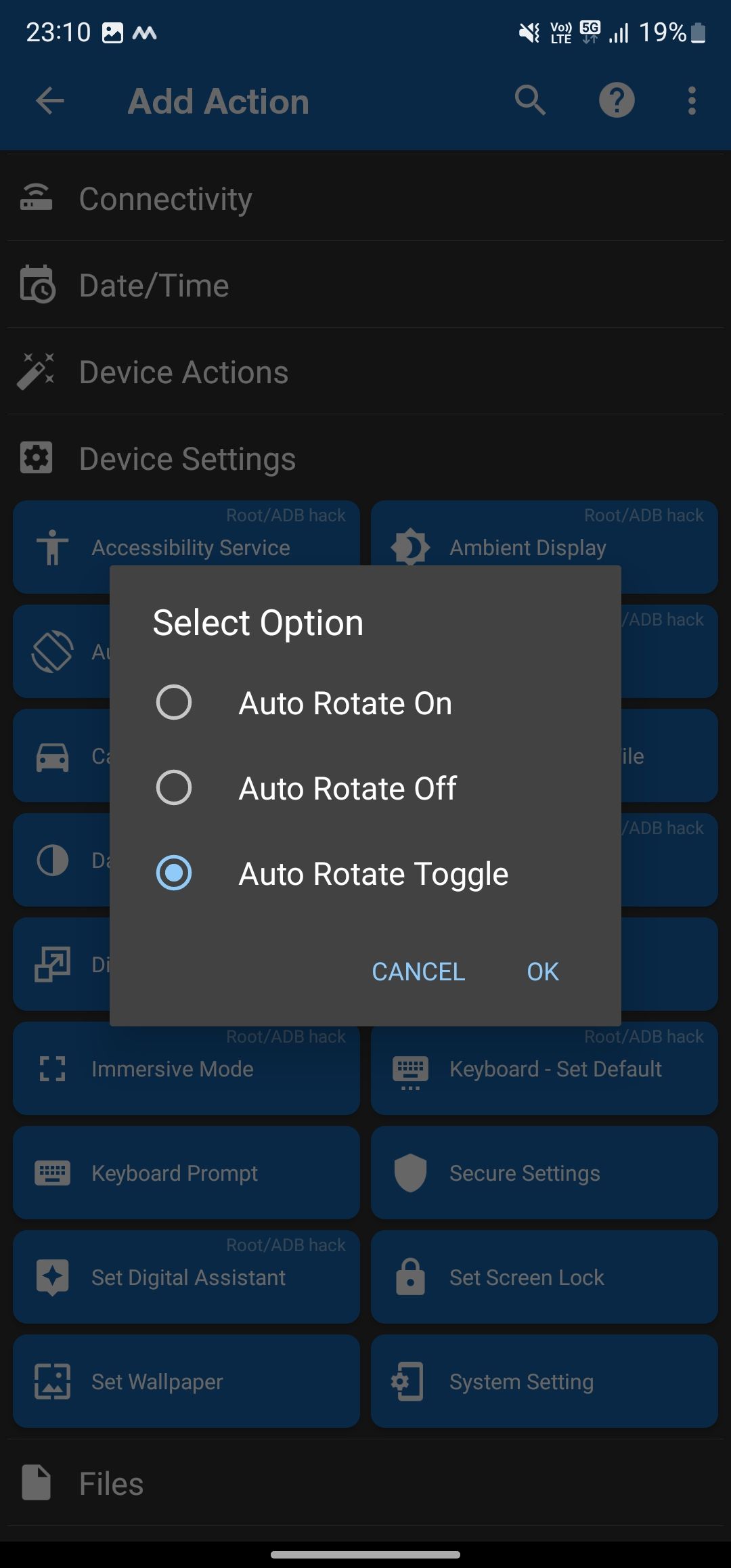 Auto Rotate Toggle option for the Auto Rotate On/Off action.