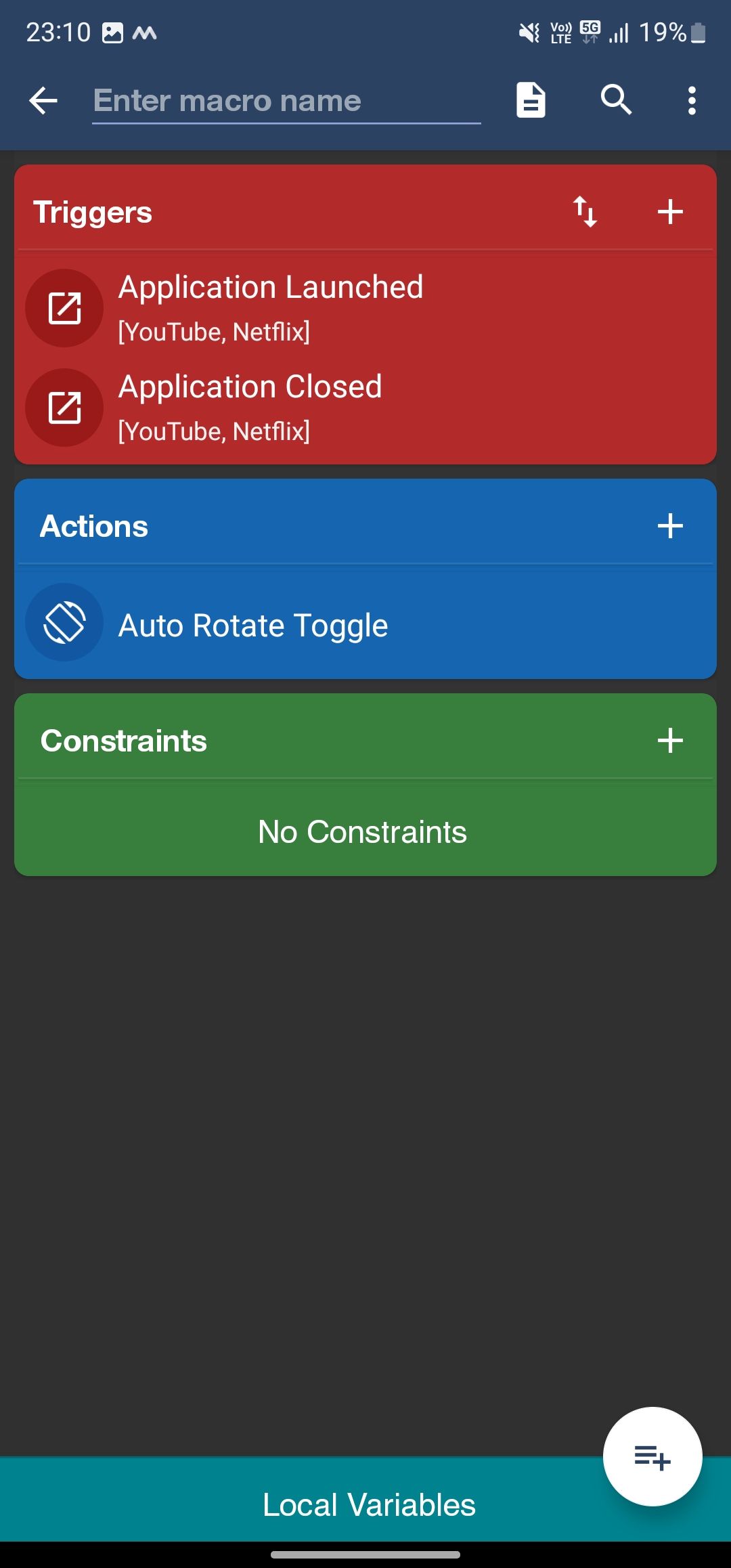MacroDroid screen with triggers and actions added to a new macro.