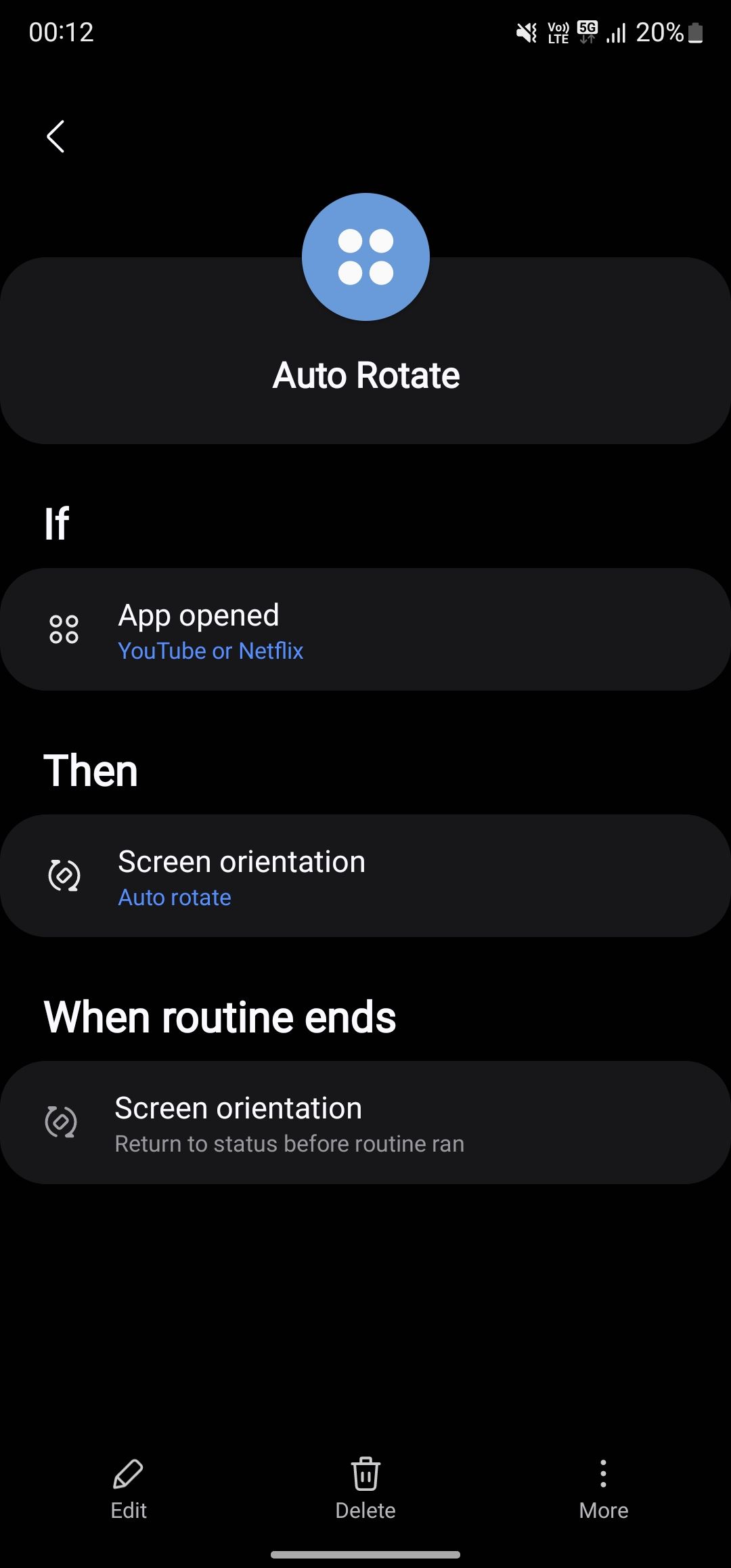 Auto Rotate routine under Modes and Routines on a Galaxy phone.