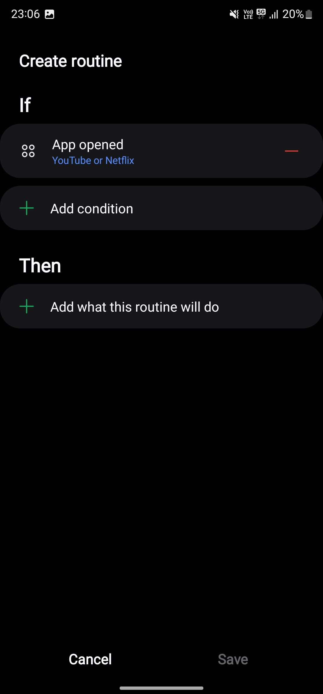 Create routine screen on a Samsung phone.