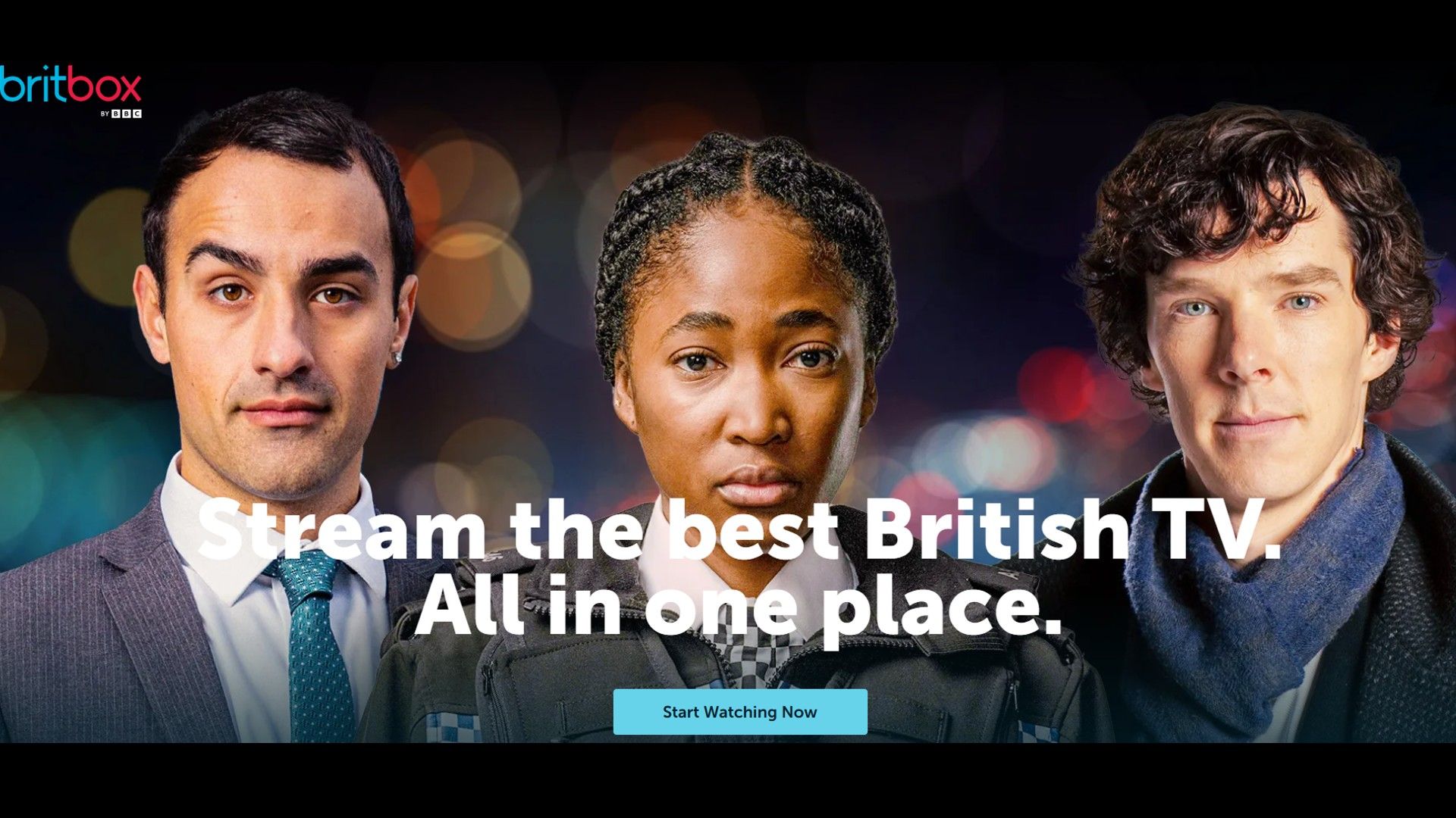 Three British actors on BritBox Home Page.