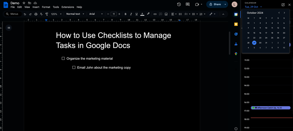 The Google Calendar in the Google Docs sidebar