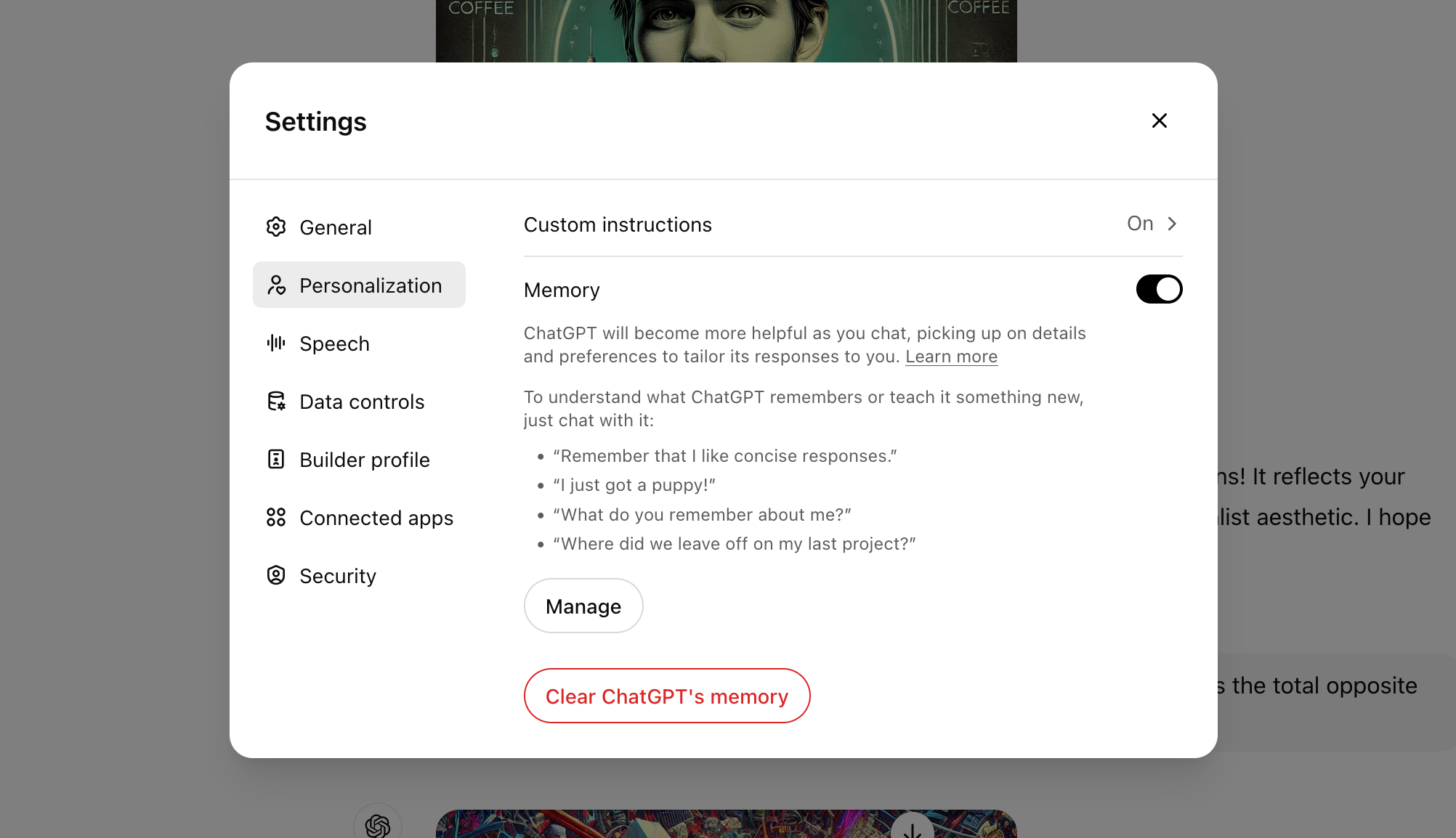 ChatGPT settings for memory function