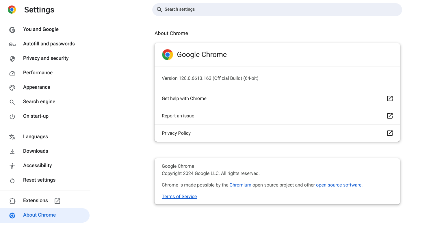 A screenshot of the ChromeOS settings page with the version number