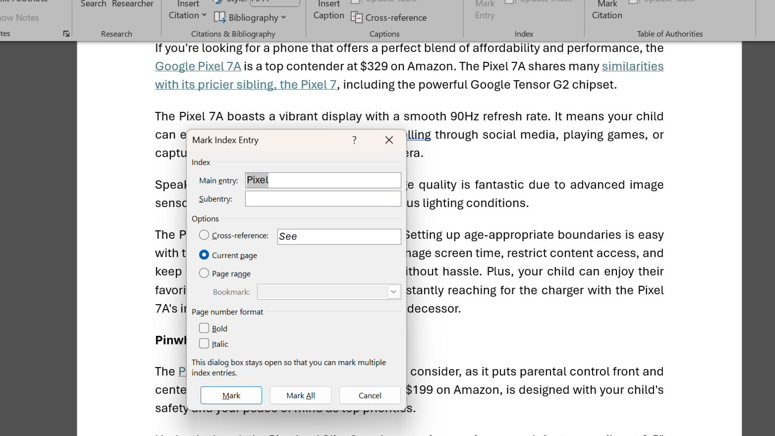 یک سند Microsoft Word با کادر محاوره ای Mark Index Entry باز می شود.