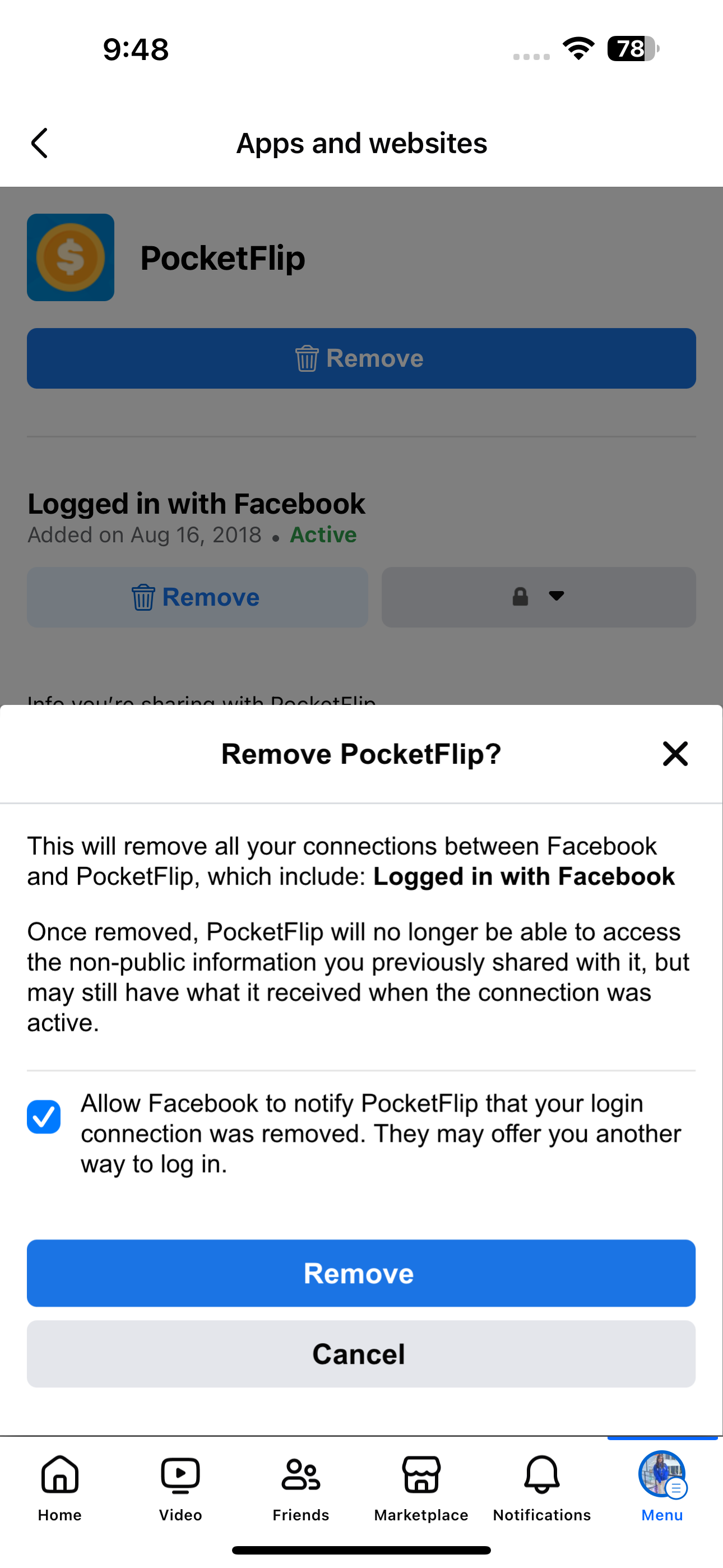 تأیید حذف PocketFlip از حساب فیس بوک