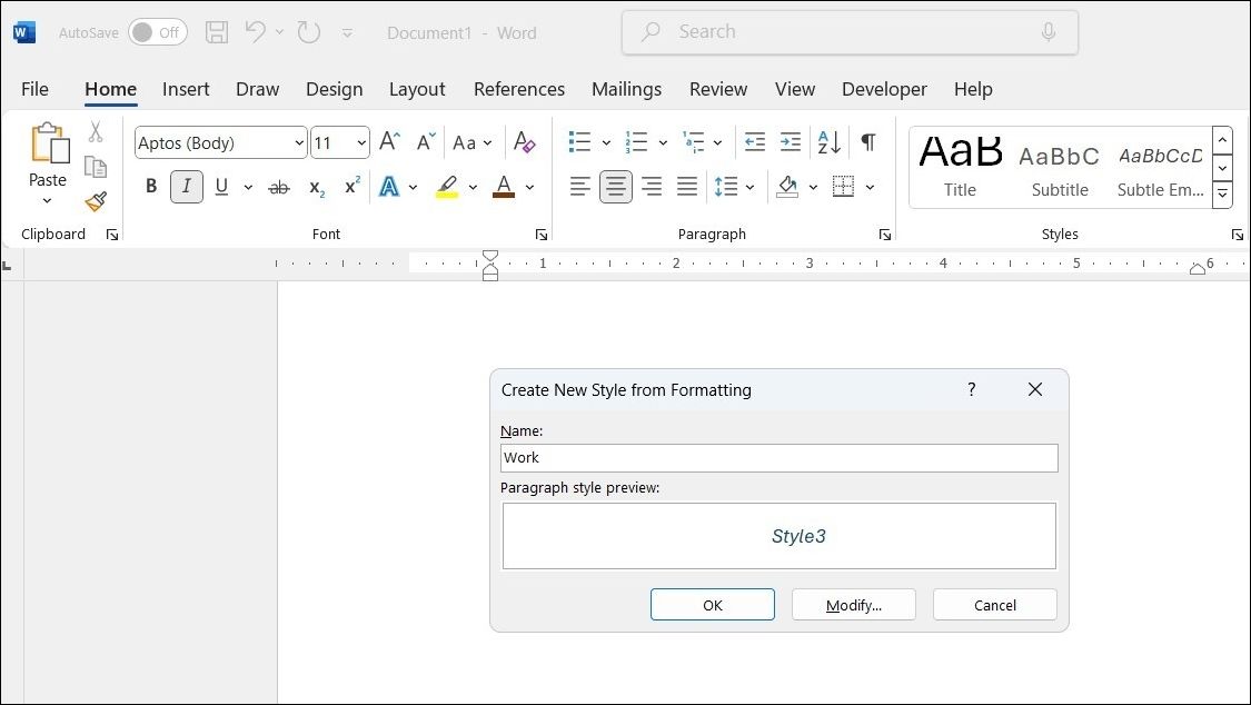 Create New Style Dialog in Word