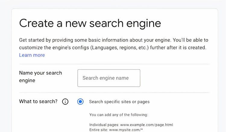 Screenshot of the third step in creating a Google Custom Search engine; Name and sources