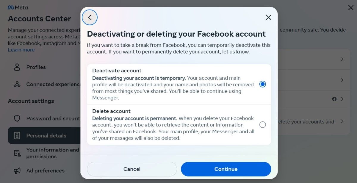 Deactivating or Deleting Facebook Account Dialog Box