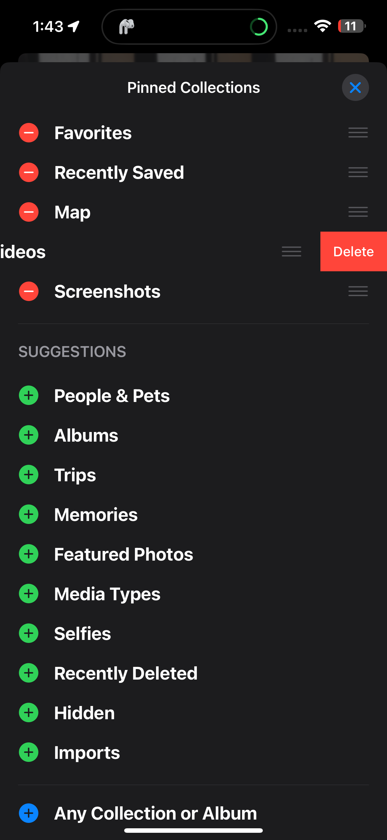 Deleting a Pinned Collection in the Photos app on an iPhone