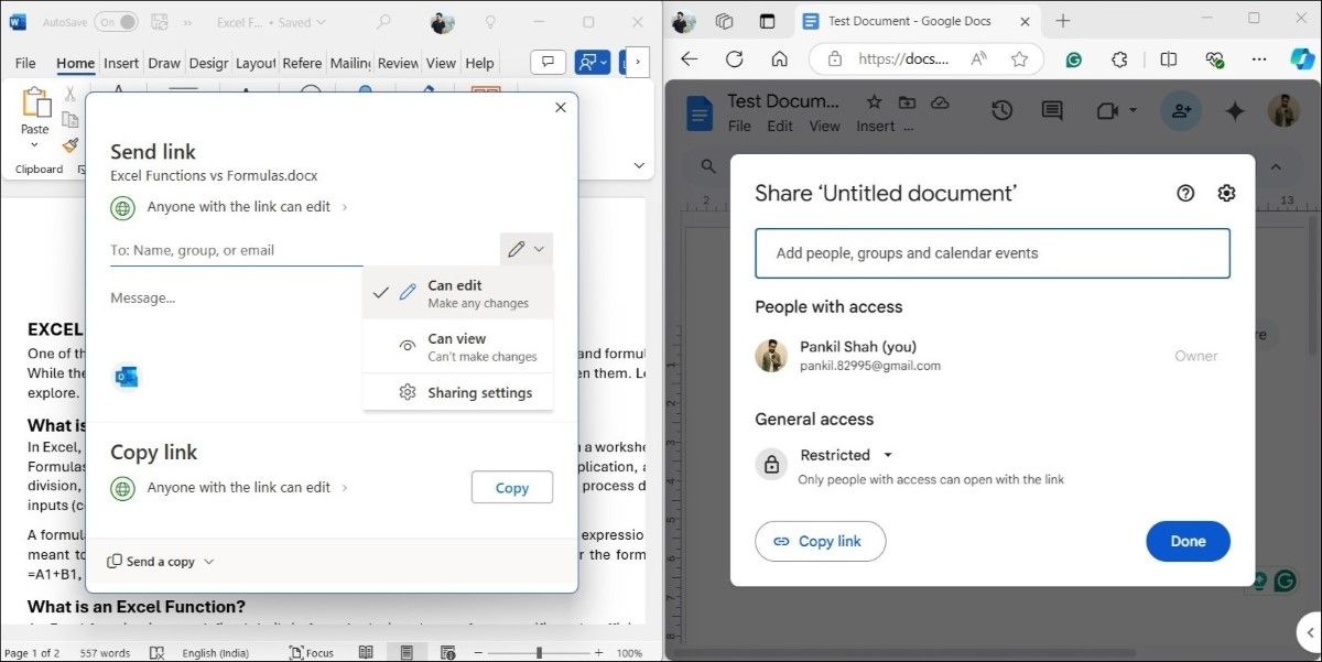 Document Sharing Options in Word and Docs