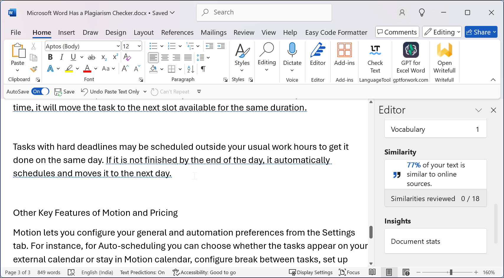 Screenshot of Microsoft Editor Similarity checker working in the Word app on Windows 11