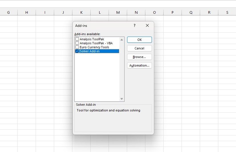 Enabling the Solver add-in for Excel