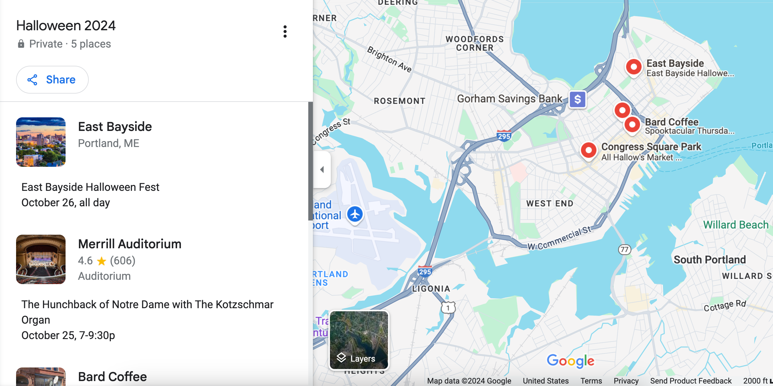 A custom list of locations tagged on Google Maps in Portland, Maine, called "Halloween 2024"