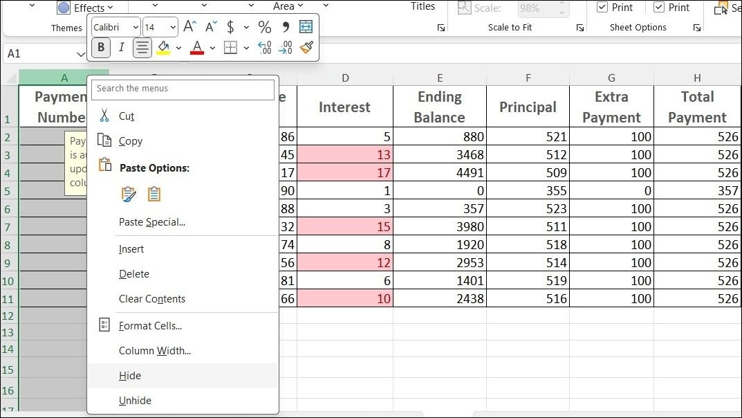 Excel Sheet With Hide Option Highlighted