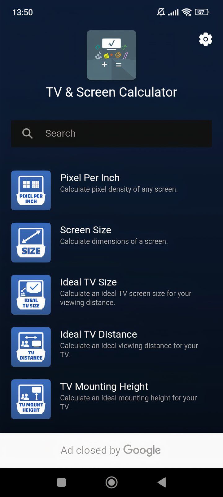 Screenshot of screen size calculator.