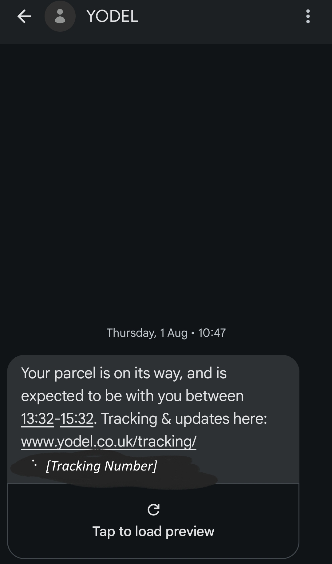 A legitimate text message from Yodel