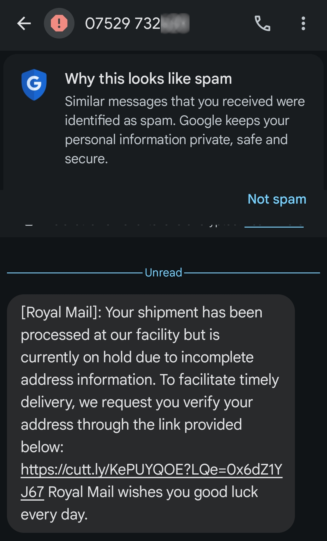 A fake Royal Mail text